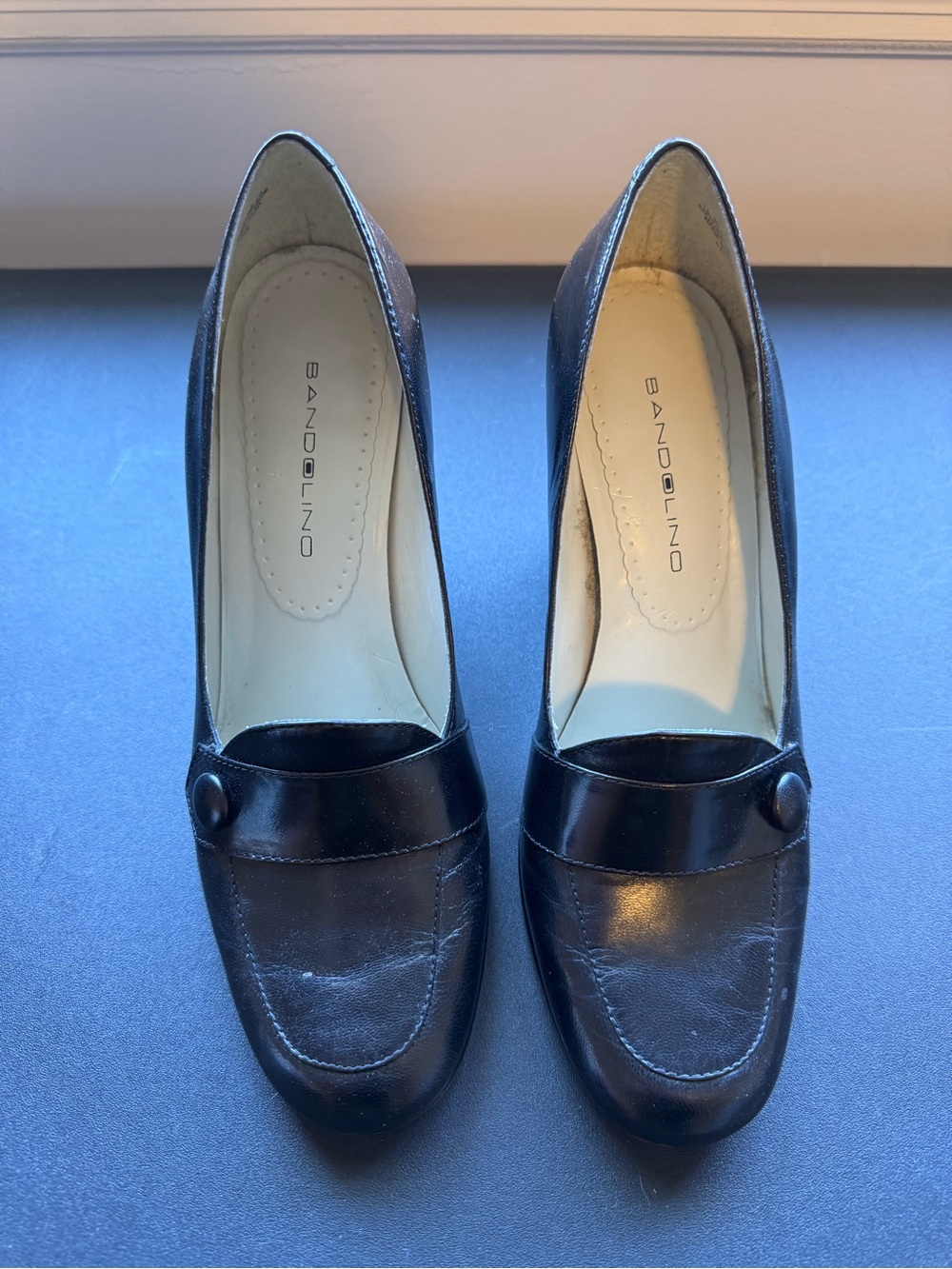 Bandolino Black Leather Loafers with Button Accent